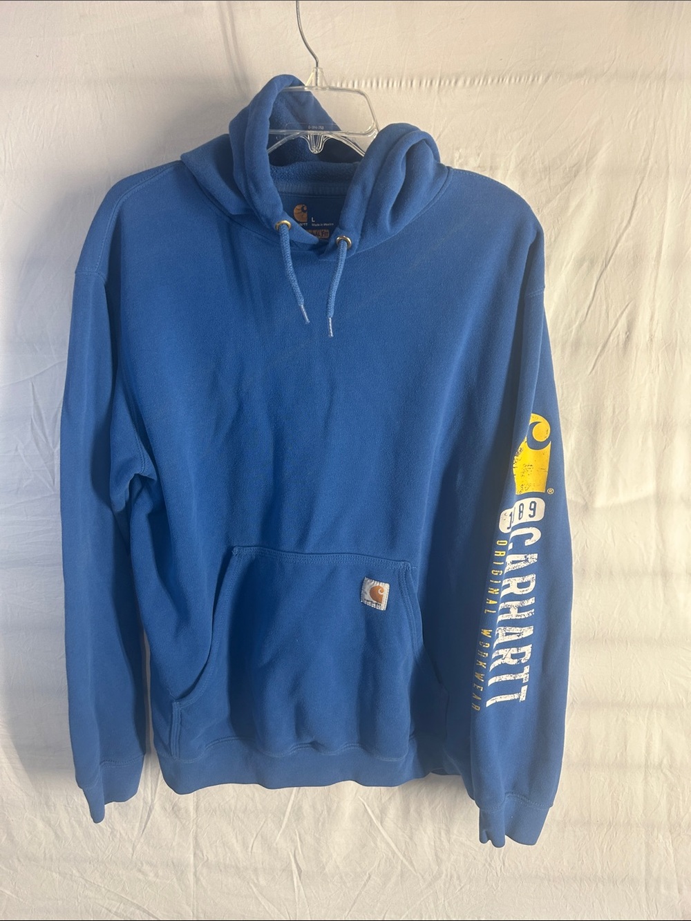 Carhartt Royal Blue Hooded Sweatshirt with Yellow Sleeve Graphic